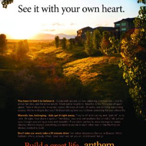 Advertisement for anthem colorado community featuring serene sunset landscape with the slogan 'see it with your own eyes.'.