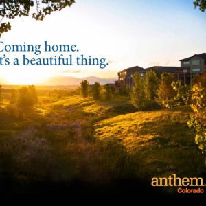 Residential area at sunset with slogan 