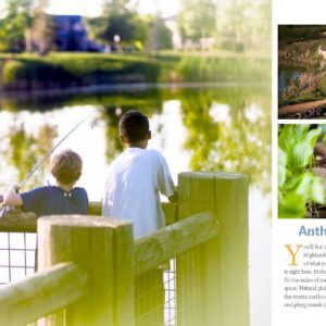 Print promotional material showcasing outdoor family activities and scenic views at Anthem Highlands, Broomfield, Colorado.