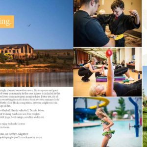 A print promotional brochure spread for a community called Parkside featuring its amenities, outdoor spaces, and residents engaging in various activities.