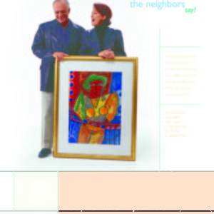 Two individuals showcasing a print artwork with a city neighborhood promotion below.