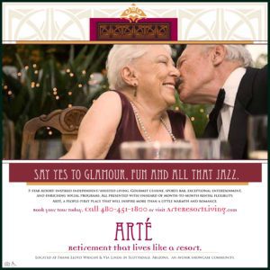 An affectionate senior couple enjoying a glamorous event, promoting a luxurious resort experience through engaging print copywriting.