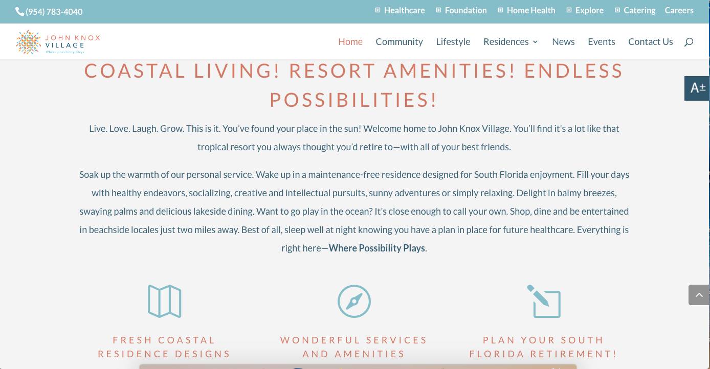 Screenshot of the john knox village website homepage, featuring information on coastal living amenities and retirement lifestyle options.