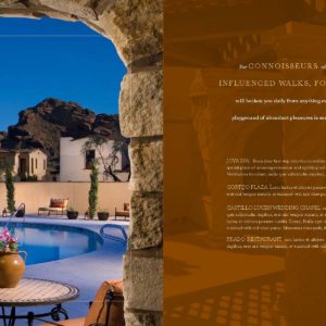 Luxury resort with European-influenced architecture, featuring a swimming pool, fountains, and scenic mountain backdrop. Ideal for refined print copywriting promotions.