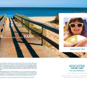 A promotional print magazine or brochure spread featuring a wooden walkway leading to a beach on the left, and an advertisement for a residential area called 