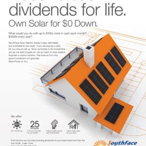 Advertisement for Southface Solar Electric, now highlighting an exclusive print copywriting promtion: Get your solar panel installation today and receive compelling incentives including cash dividends!