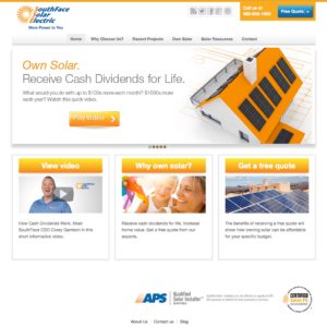 Website homepage for Southface Solar Electric, boasting promotional videos and comprehensive information on solar panel installations, enhanced with engaging copywriting.