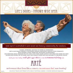 Senior couple with open arms embracing life, promoting a luxury living community for seniors through compelling print copywriting.