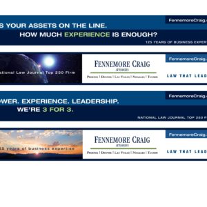 A print promotional graphic for Fennemore Craig, showcasing their leadership, experience, and 125-year legacy against a breathtaking backdrop of a starry sky and a sunset.