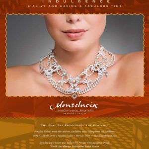 An advertisement for Montelucia Resort & Spa, showcased in a stunning print copywriting masterpiece, features a close-up of an adorned woman's neck and lower face, epitomizing luxury and indul